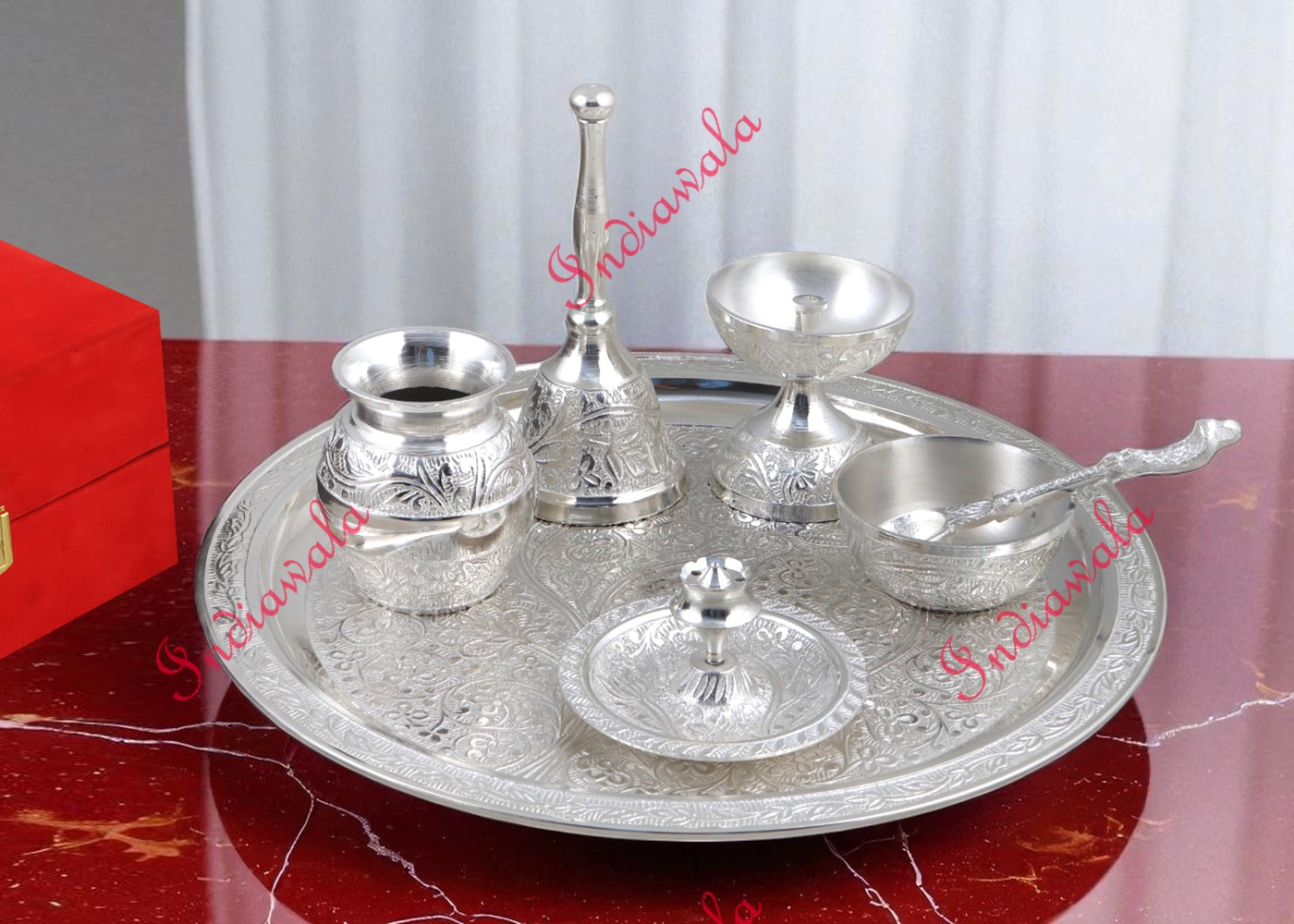 Premium Silver Pooja Thali Set – Decorative Plated Design | Indiawala Premium Silver Pooja Thali Set – Decorative Plated Design | Indiawala