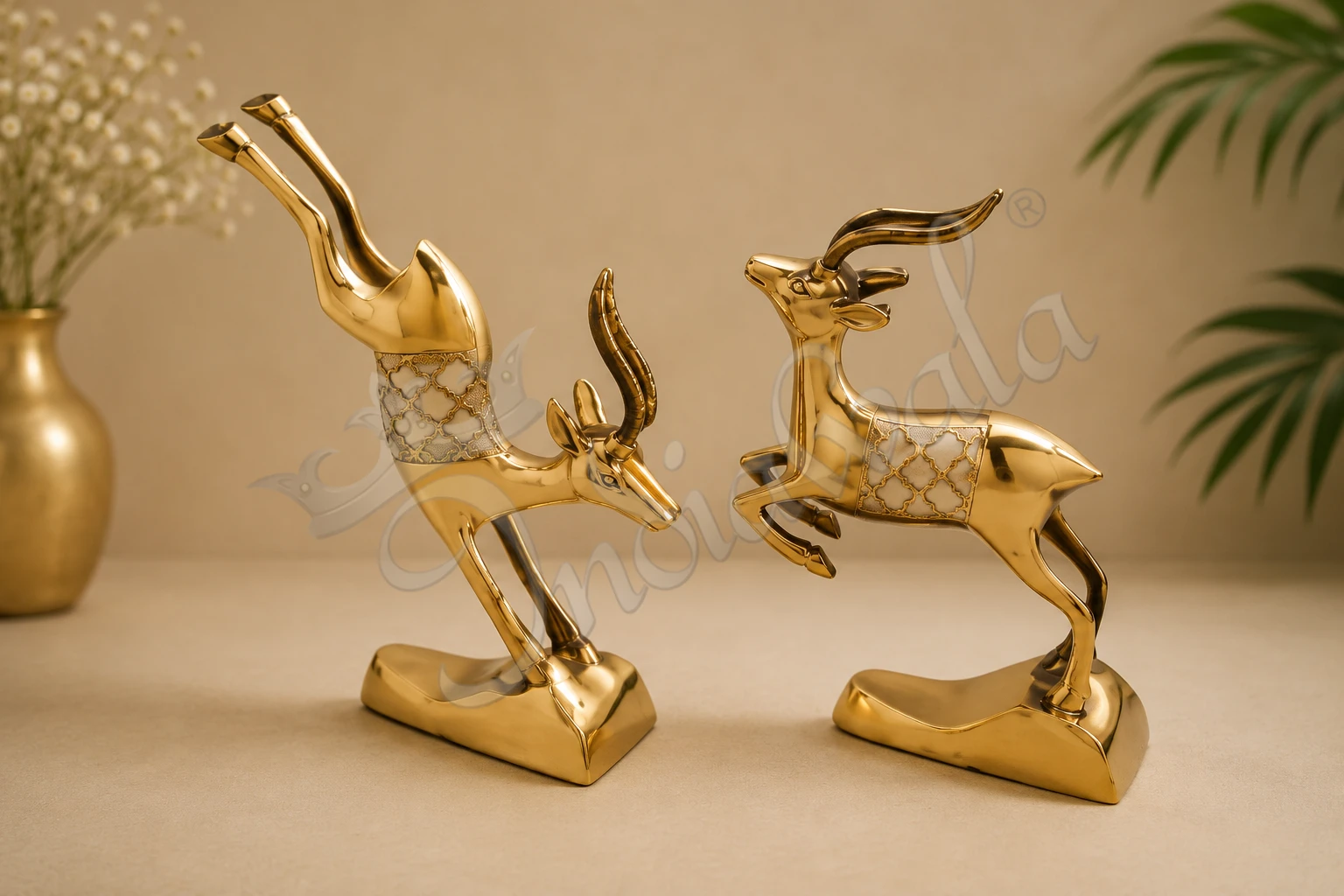 INW-14011 Elegant Brass Gold Plated Deer Pair for home decor and corporate gifting.