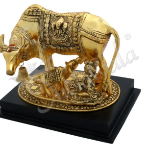 Gold Plated Kamdhenu Cow Laddu Gopal Wooden Base statue for spiritual home decor