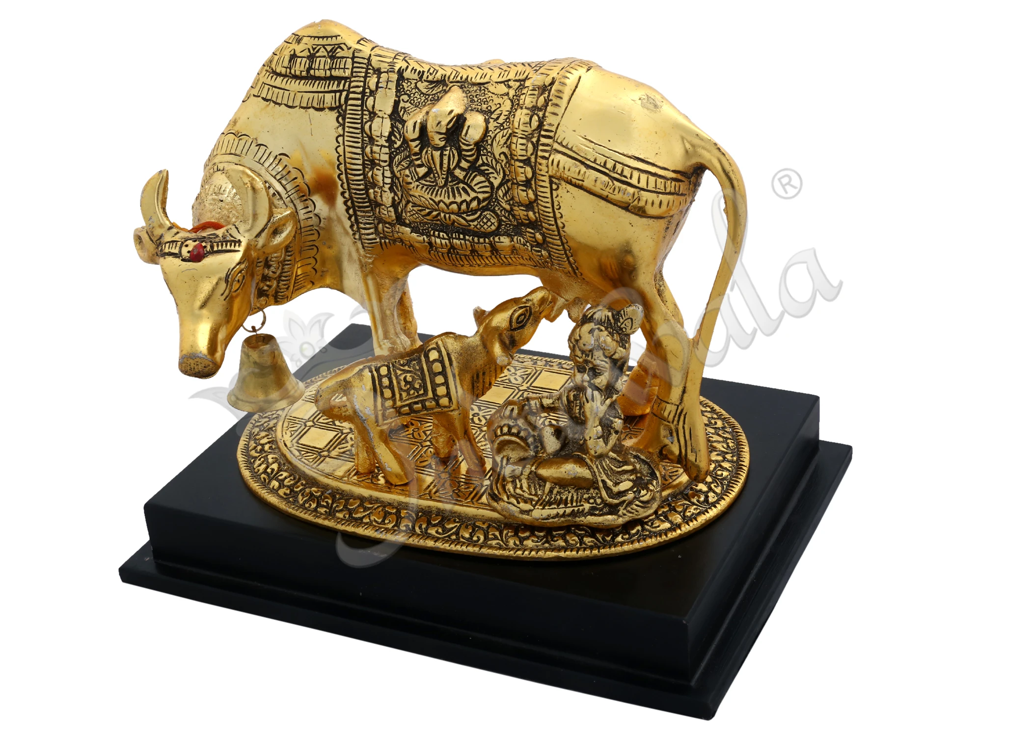 INW-15001 Gold Plated Kamdhenu Cow Laddu Gopal Wooden Base statue for spiritual home decor