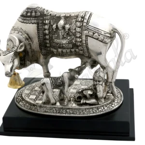 Gold Plated Kamdhenu Cow Calf Wooden Base Statue