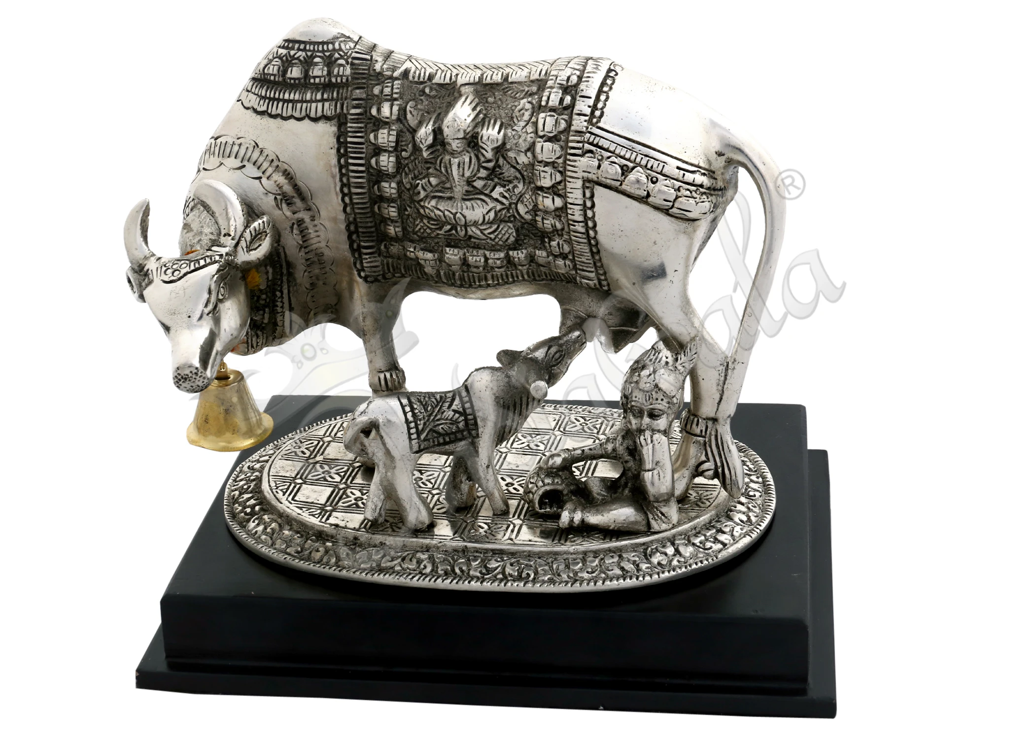 INW-15002 Gold Plated Kamdhenu Cow Calf Wooden Base Statue