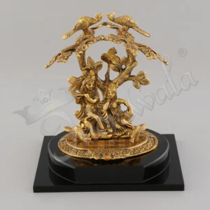 Gold Plated Radha Krishna Aluminium Statue on a dark wooden base