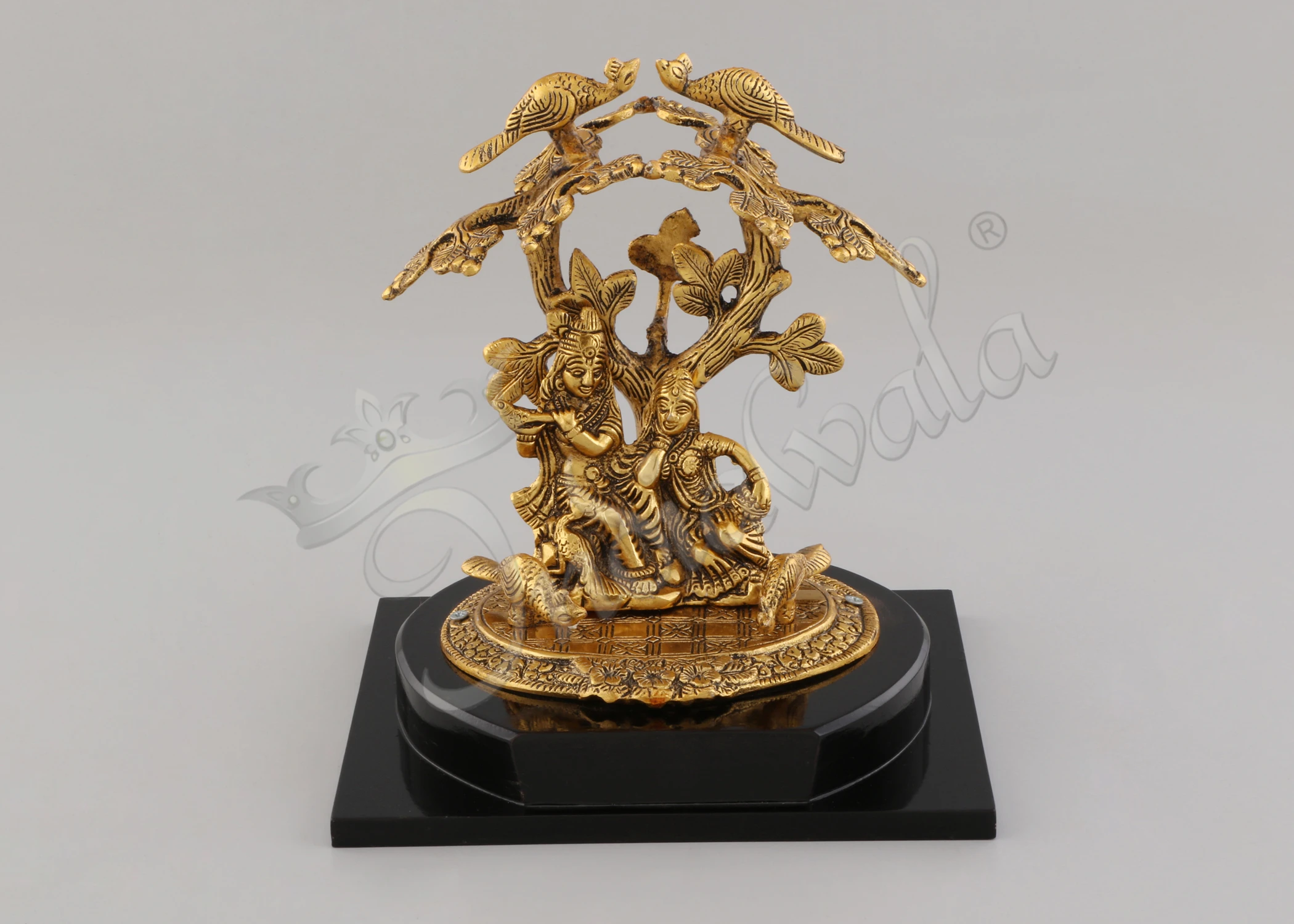 INW-15006 Gold Plated Radha Krishna Aluminium Statue on a dark wooden base