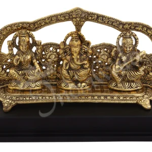 Gold Plated Lakshmi Ganesh Saraswati Wooden Idol on a polished base
