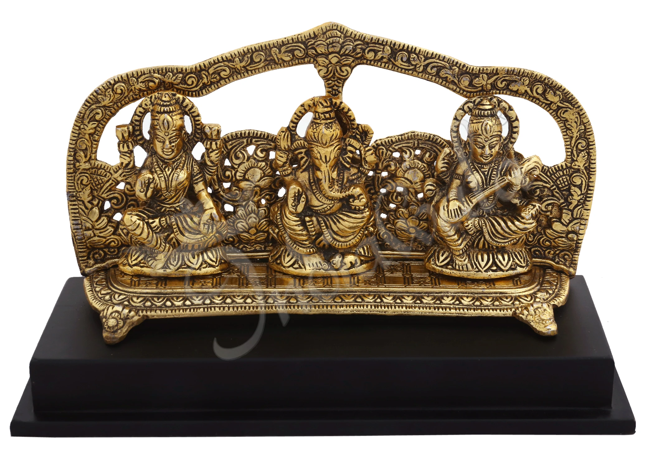 INW-15009 Gold Plated Lakshmi Ganesh Saraswati Wooden Idol on a polished base