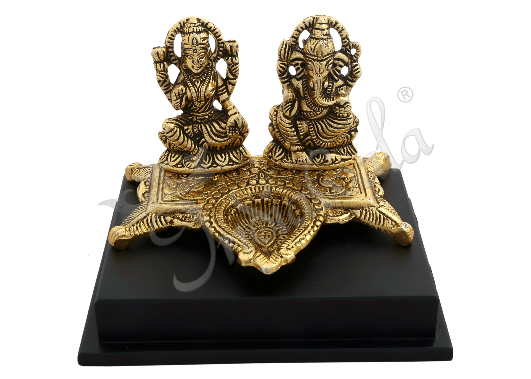 INW-15013 Gold plated aluminium Lakshmi Ganesh Wooden Base with integrated diya for festive gifting.