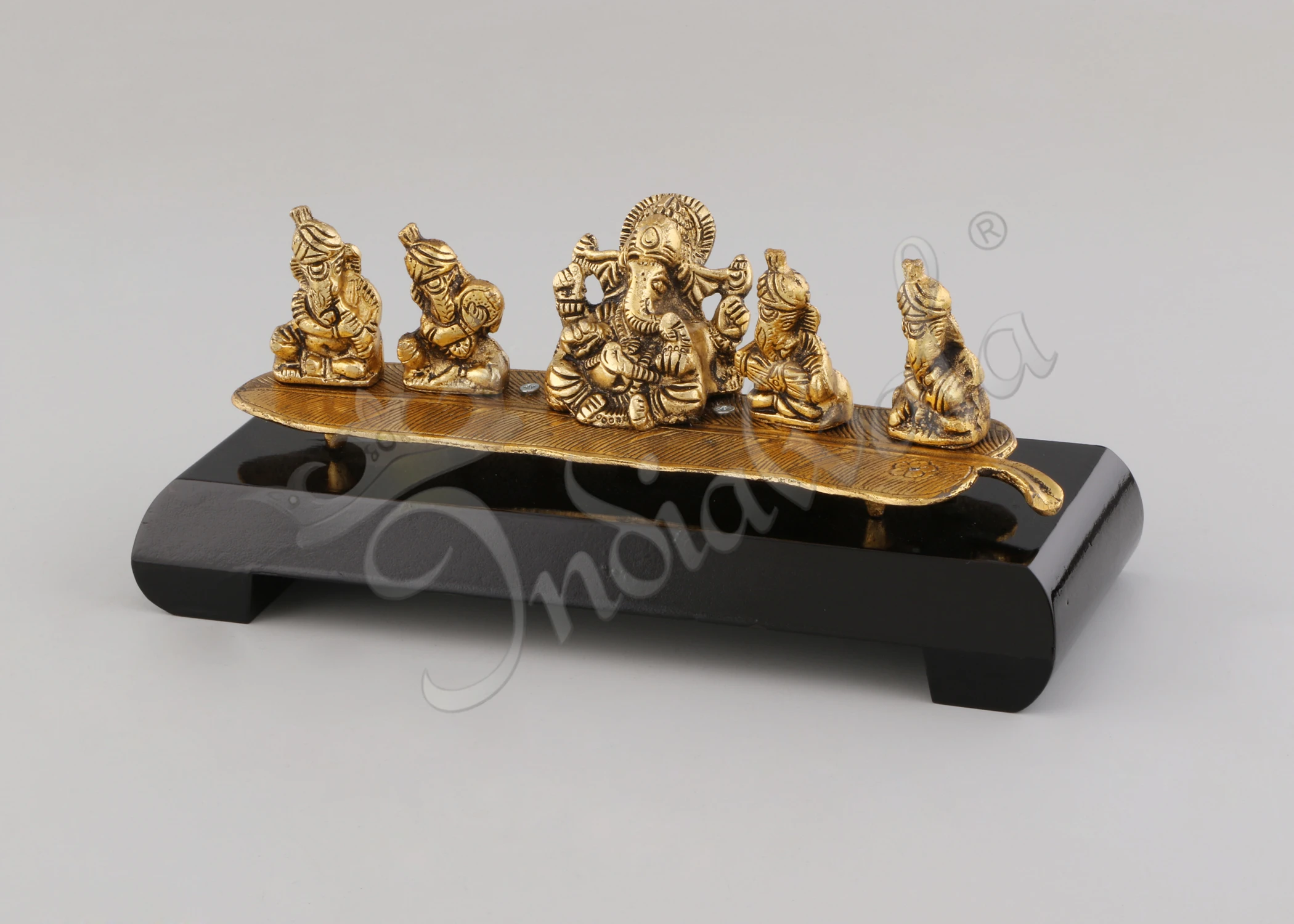 INW-15014 Gold Plated Ganesh Family Wooden Base Statue