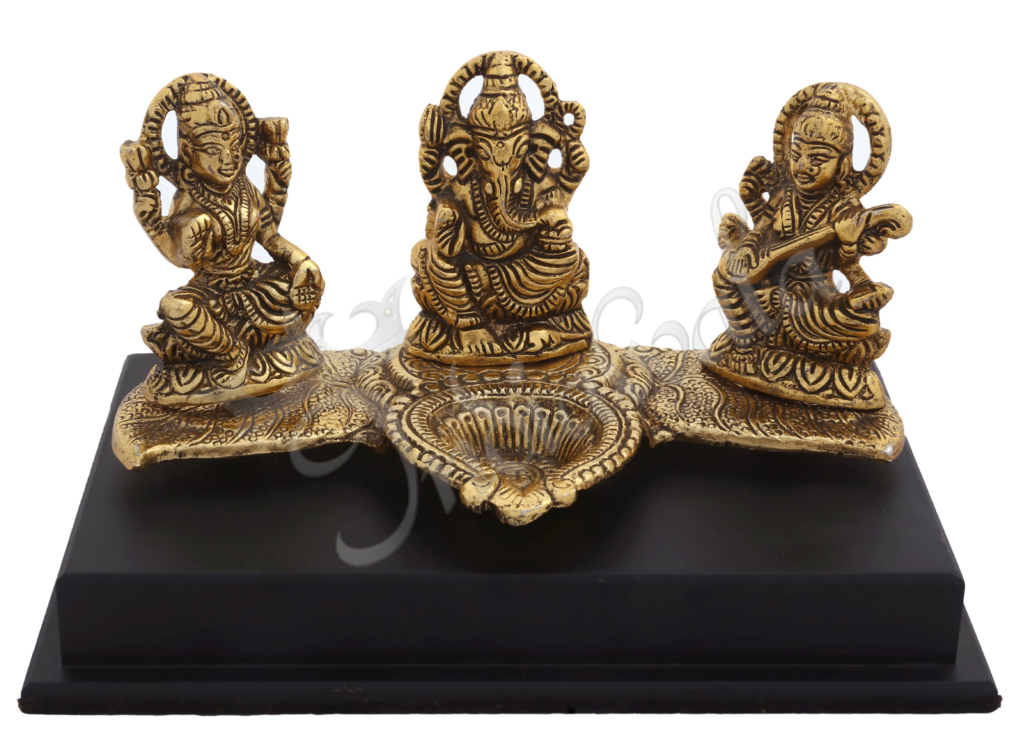 INW-15015 Gold plated Lakshmi Ganesh Saraswati Diya Statue on a wooden base