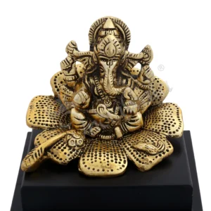 Gold Plated Flower Ganesh on Wooden Base
