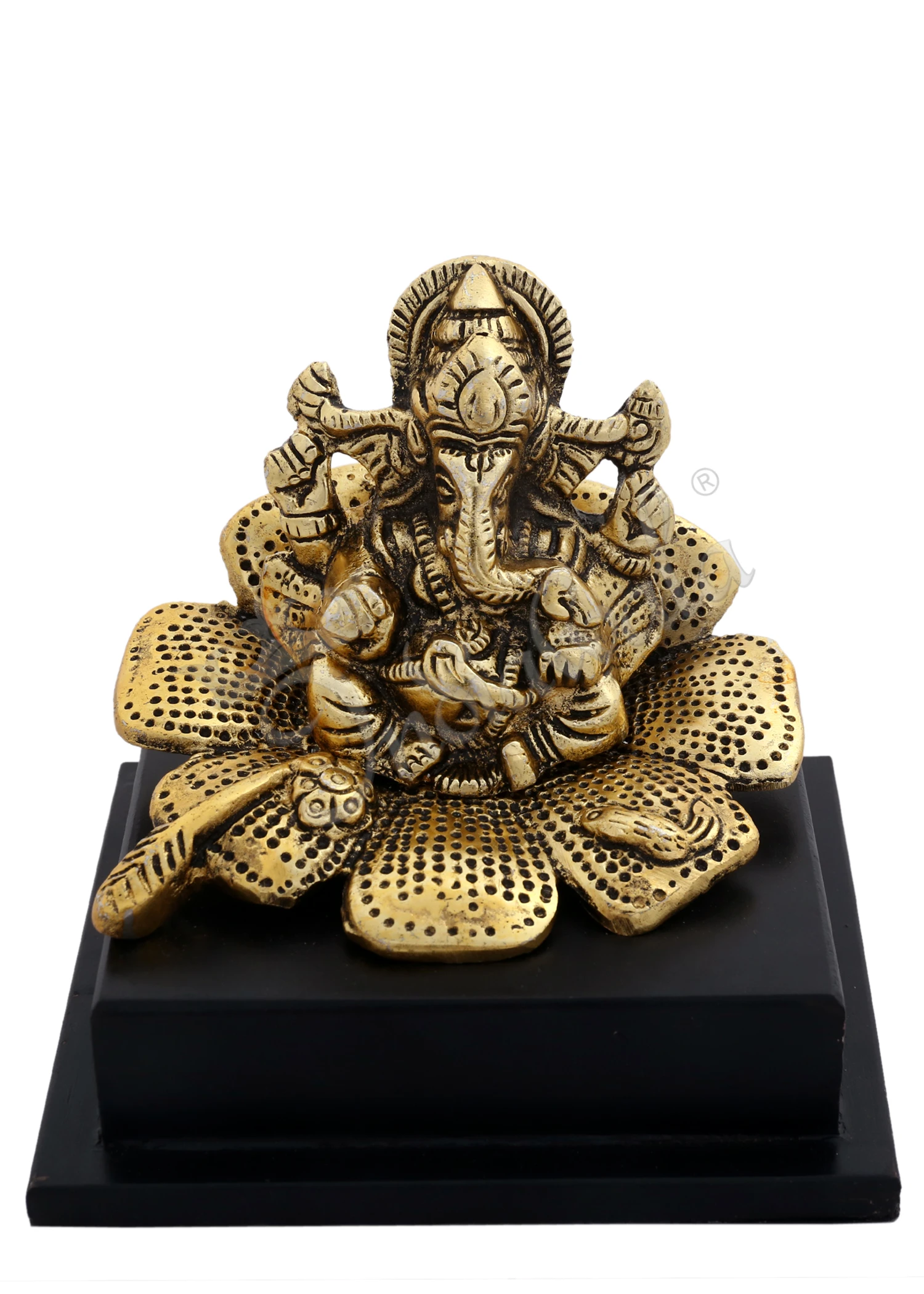 INW-15017 Gold Plated Flower Ganesh on Wooden Base