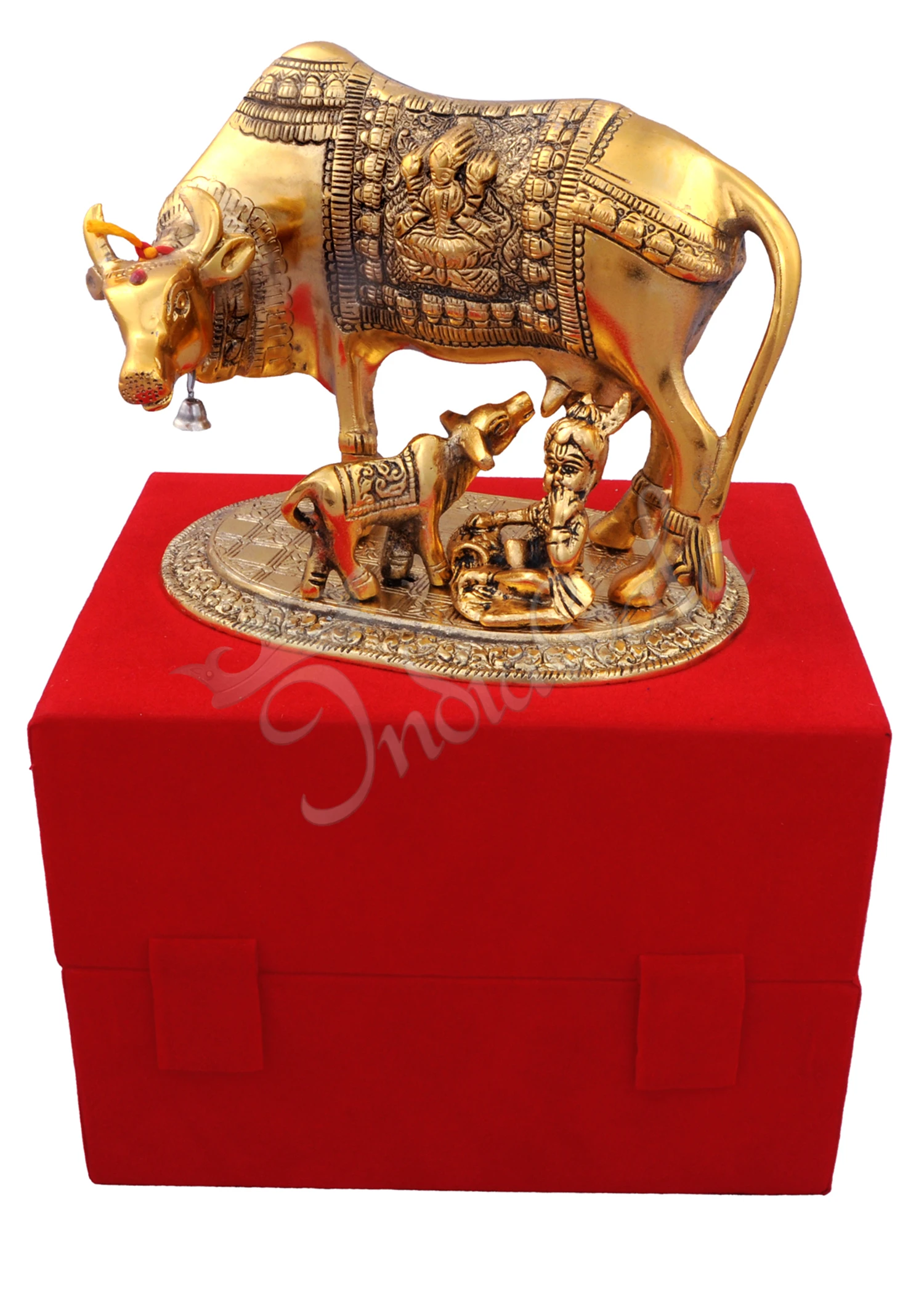 INW-15021 Gold Plated Kamdhenu Cow Laddu Gopal Velvet Box handcrafted in premium aluminium