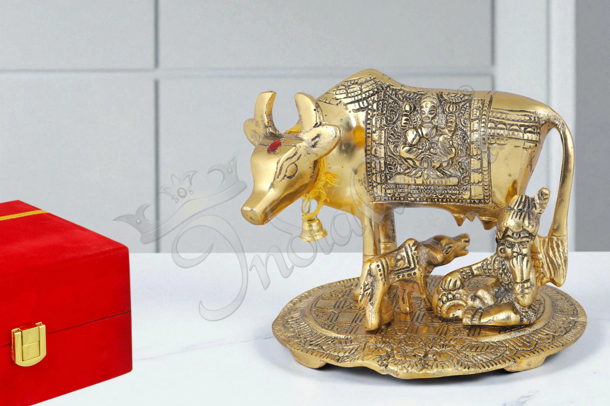 INW-15024 Gold Plated Aluminium Kamdhenu Cow and Calf with Laddu Gopal Statue in a velvet box