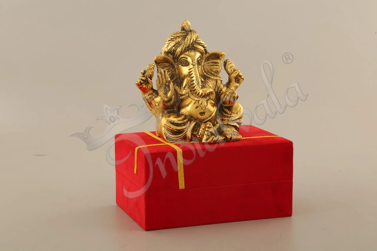 INW-15025 Gold Plated Pagdi Ganesh Velvet Box Statue for corporate gifting