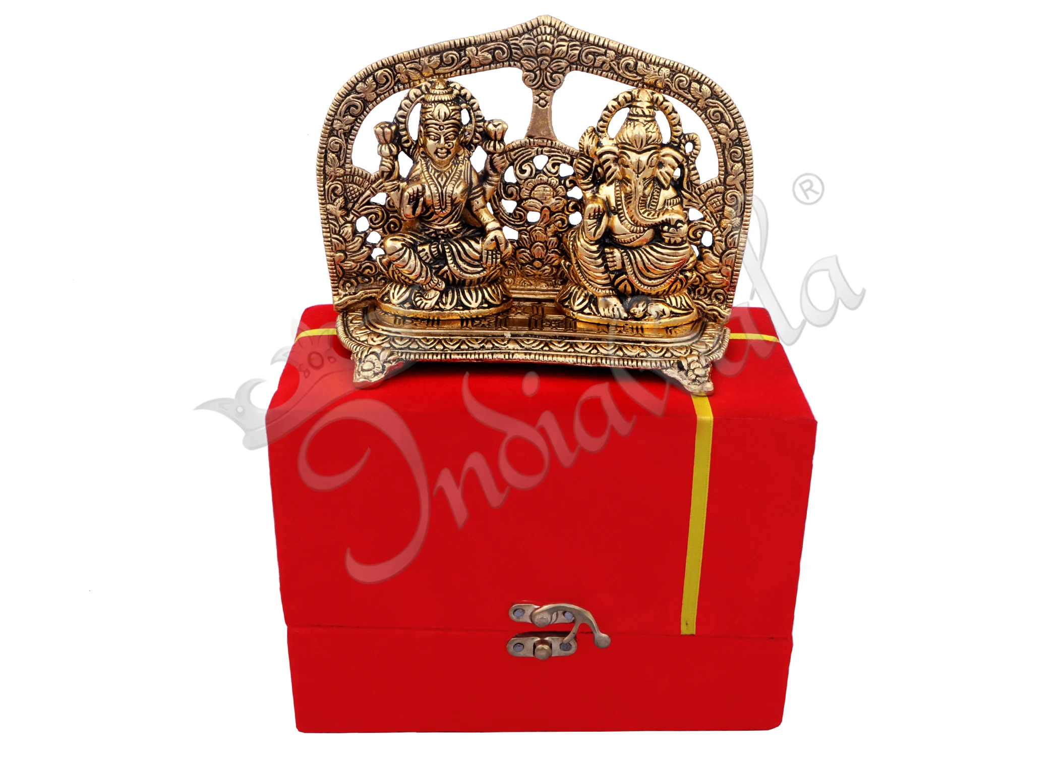 INW-15027 A beautifully crafted 5x6.25 Inch Gold Plated Aluminium Lakshmi Ganesh Velvet Box, showcasing intricate details of the deities.