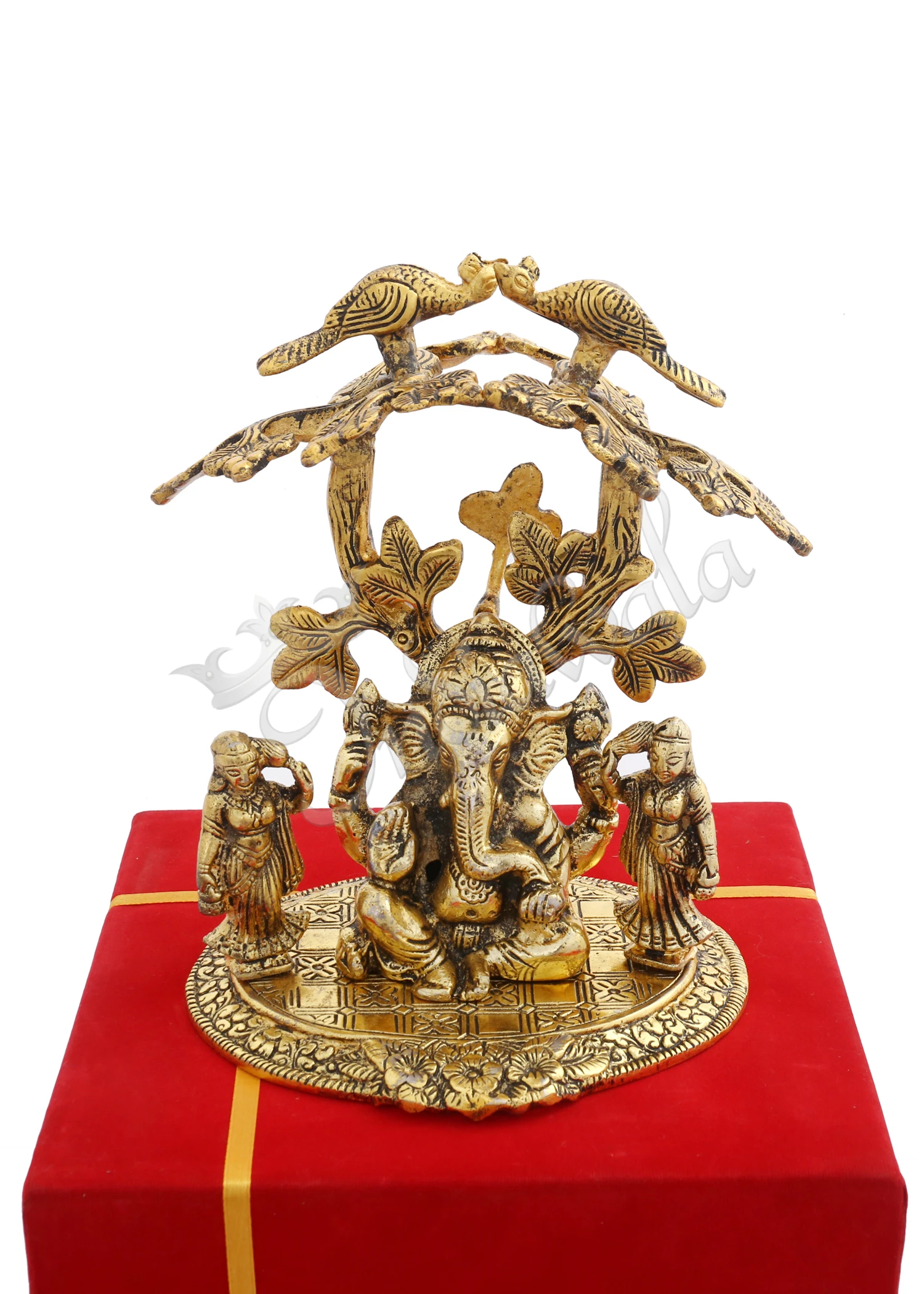INW-15032 An 8 Inch Gold Plated Aluminium Riddhi Siddhi Ganesh statue in a velvet box.