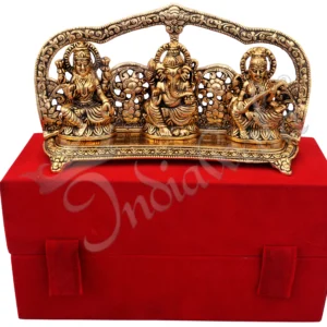A beautiful 10 Inch Gold Plated Aluminium Lakshmi Ganesh Saraswati Gift set in a velvet box.