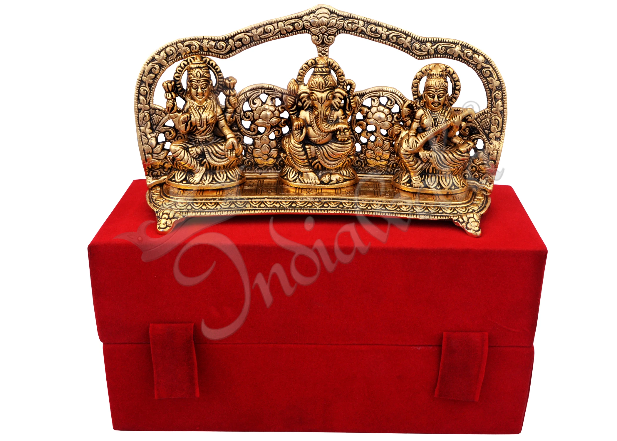 INW-15039 A beautiful 10 Inch Gold Plated Aluminium Lakshmi Ganesh Saraswati Gift set in a velvet box.