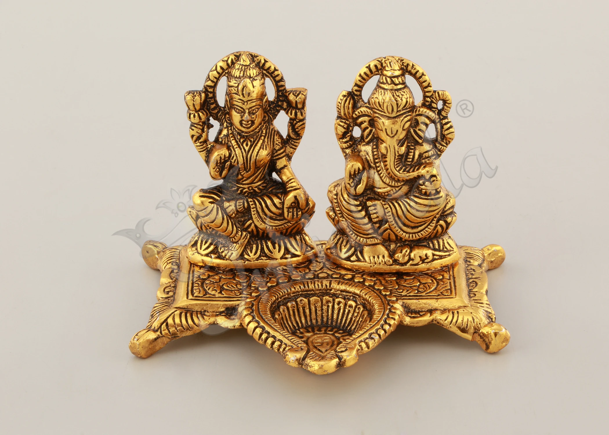 INW-15055 Aluminium Gold Plated Deep Lakshmi Ganesh statue for festive gifting