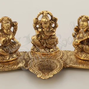 Gold Plated Lakshmi Ganesh Saraswati Diya Idol in premium aluminium