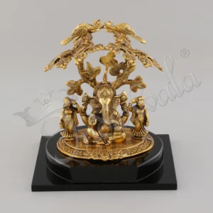 7.5 Inch Gold Plated Aluminium Tree Ganesh Idol on a polished wooden base