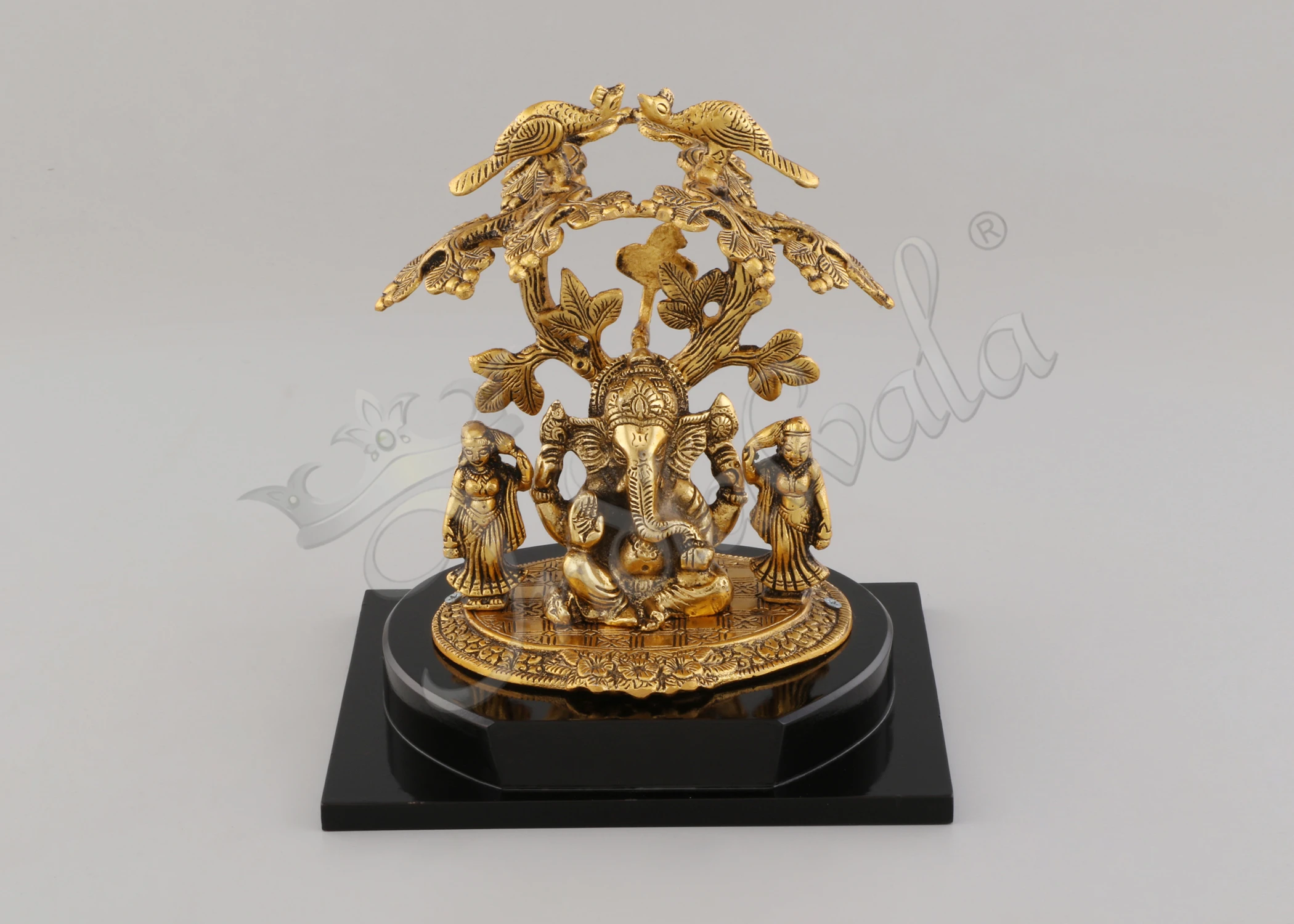INW-15071 7.5 Inch Gold Plated Aluminium Tree Ganesh Idol on a polished wooden base