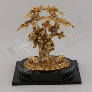 Gold Plated Radha Krishna Statue 9.5 Inch on a polished wooden base