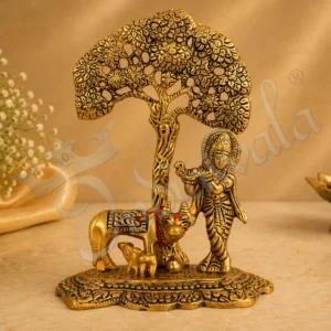 7 Inch Gold Plated Krishna Kamdhenu Flute Statue for spiritual home decor
