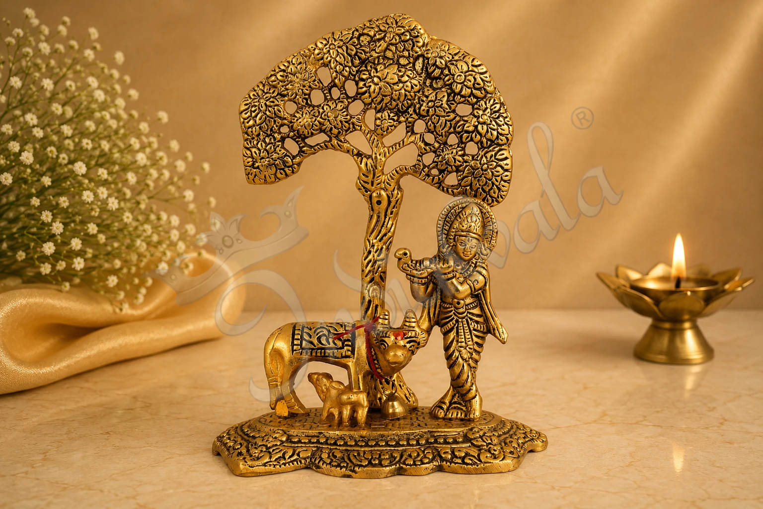 INW-15081 7 Inch Gold Plated Krishna Kamdhenu Flute Statue for spiritual home decor