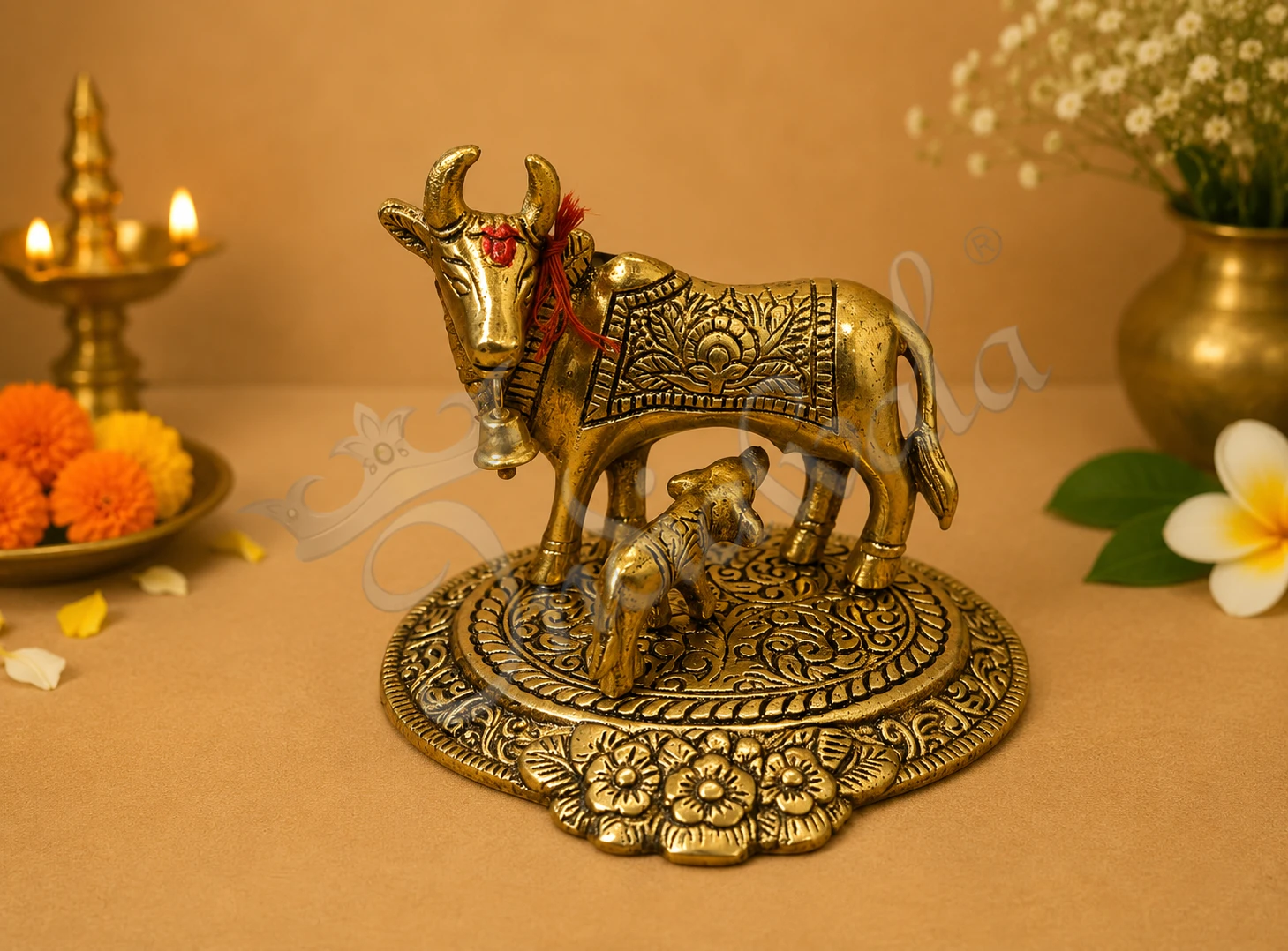 INW-15091 Gold Plated Aluminium Kamdhenu Cow Figurine for spiritual home decor