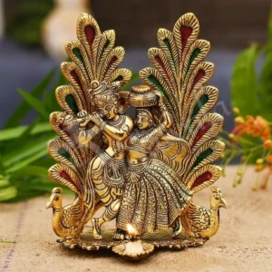8 Inch Gold Plated Radha Krishna Peacock Statue for spiritual home decor