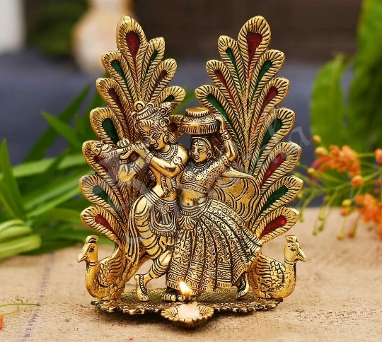 INW-15135 8 Inch Gold Plated Radha Krishna Peacock Statue for spiritual home decor