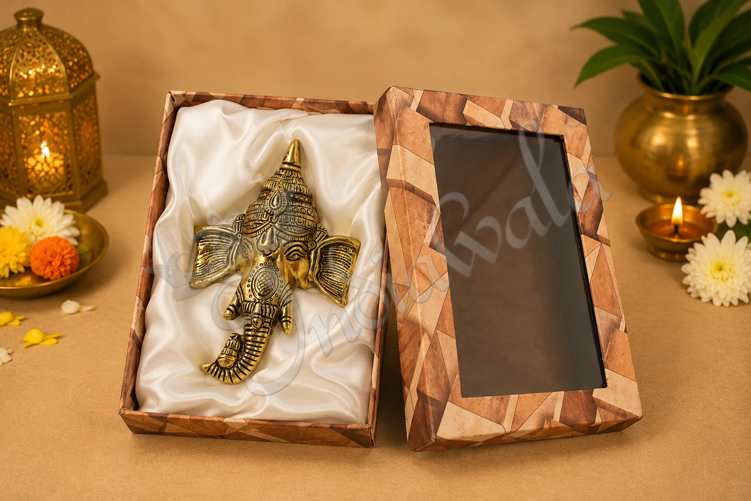 6 Inch Gold Plated Ganesh Head Wall Hanging crafted in aluminium for home and office decor