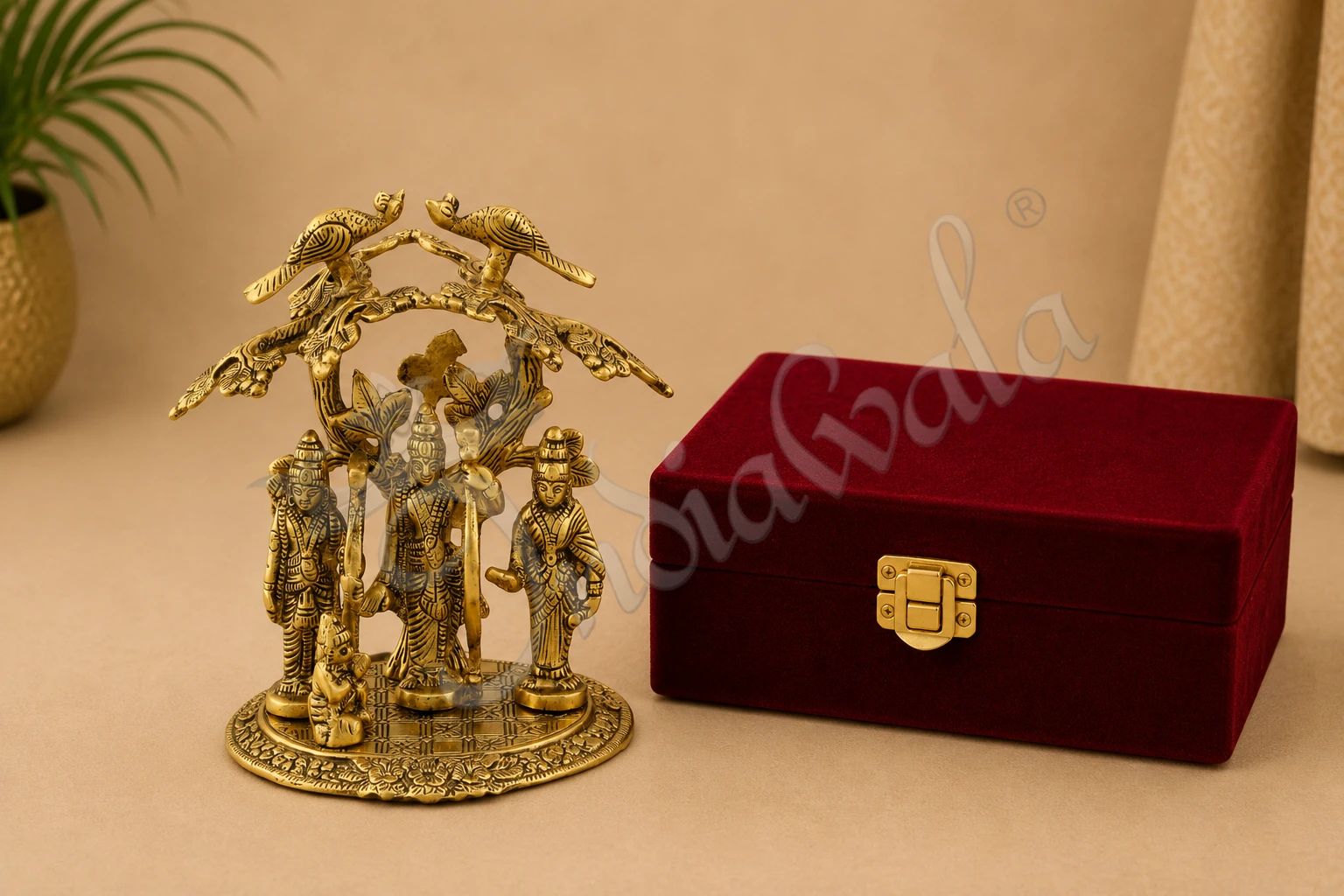 INW-15156-1 8 Inch Gold Plated Ram Darbar Velvet Box showcasing intricate details of Hindu deities