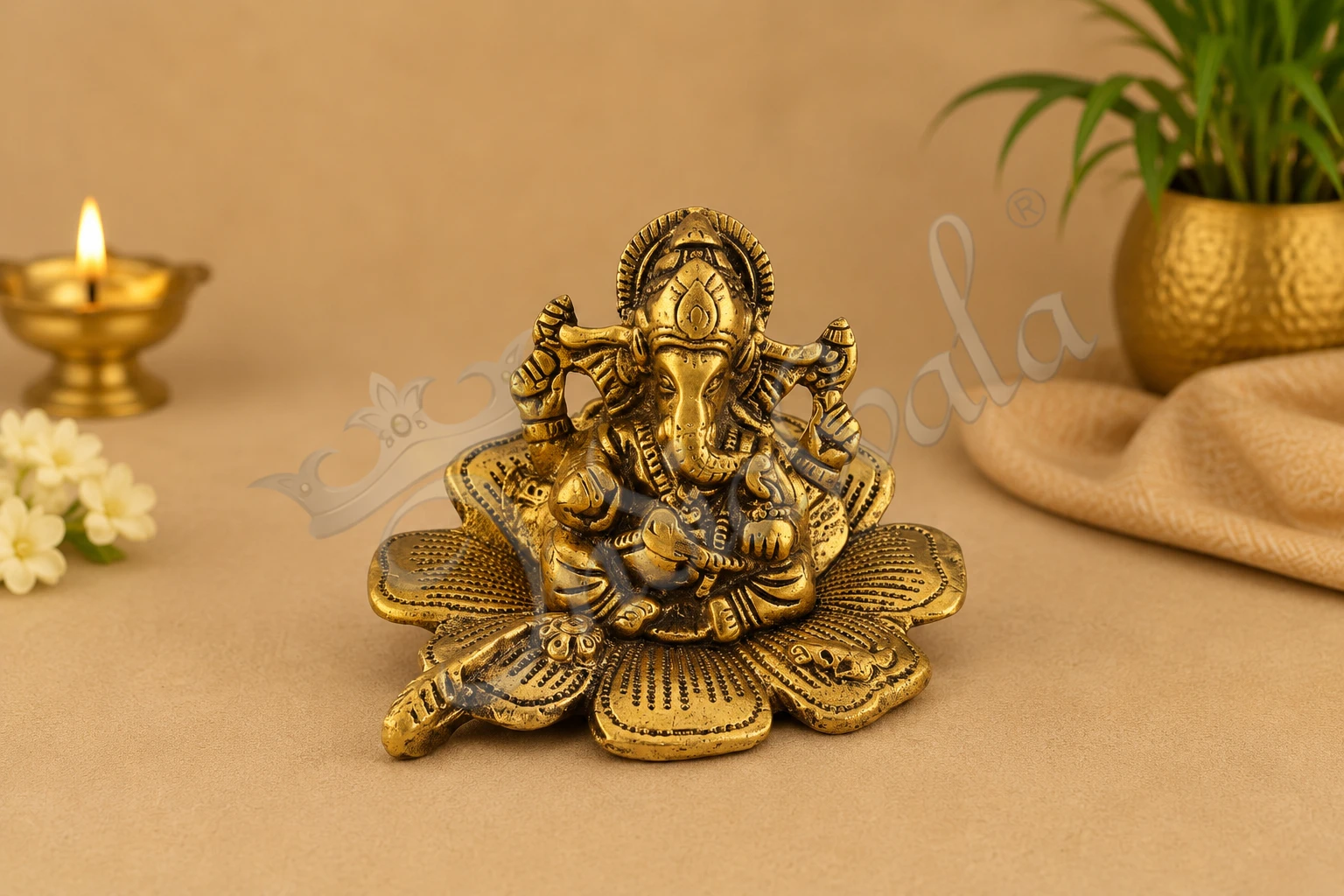 INW-15158 Beautiful Gold Plated Flower Ganesh Statue crafted from premium aluminium