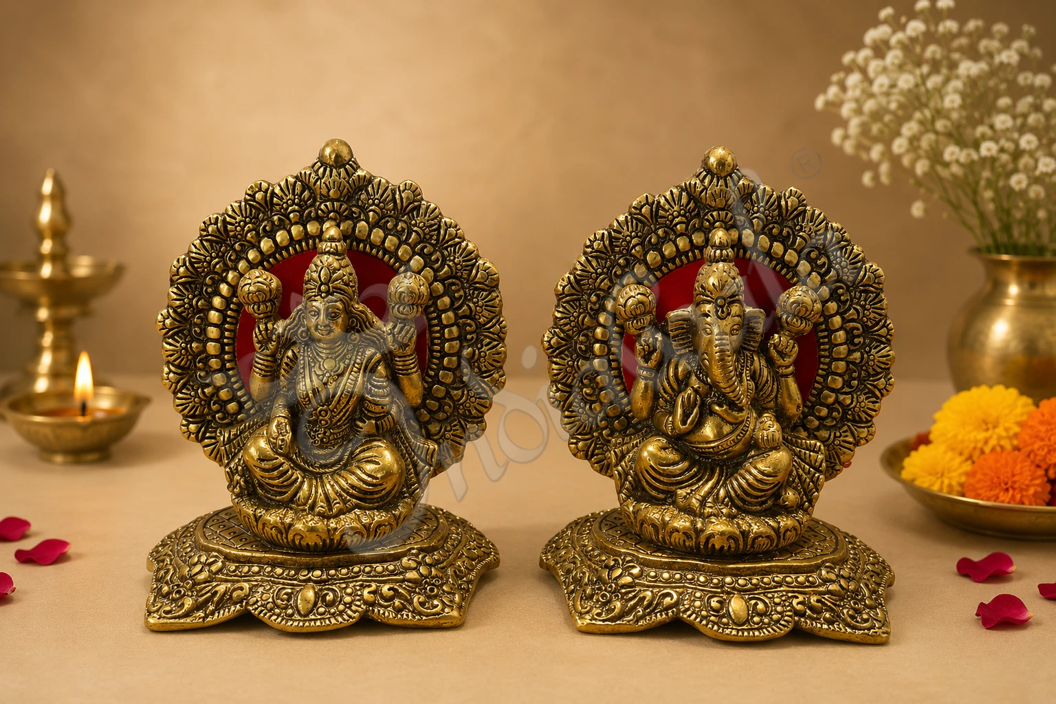 INW-15160 A beautiful 5.25 Inch Gold Plated Lakshmi Ganesh Statue crafted from premium aluminium for spiritual home decor.
