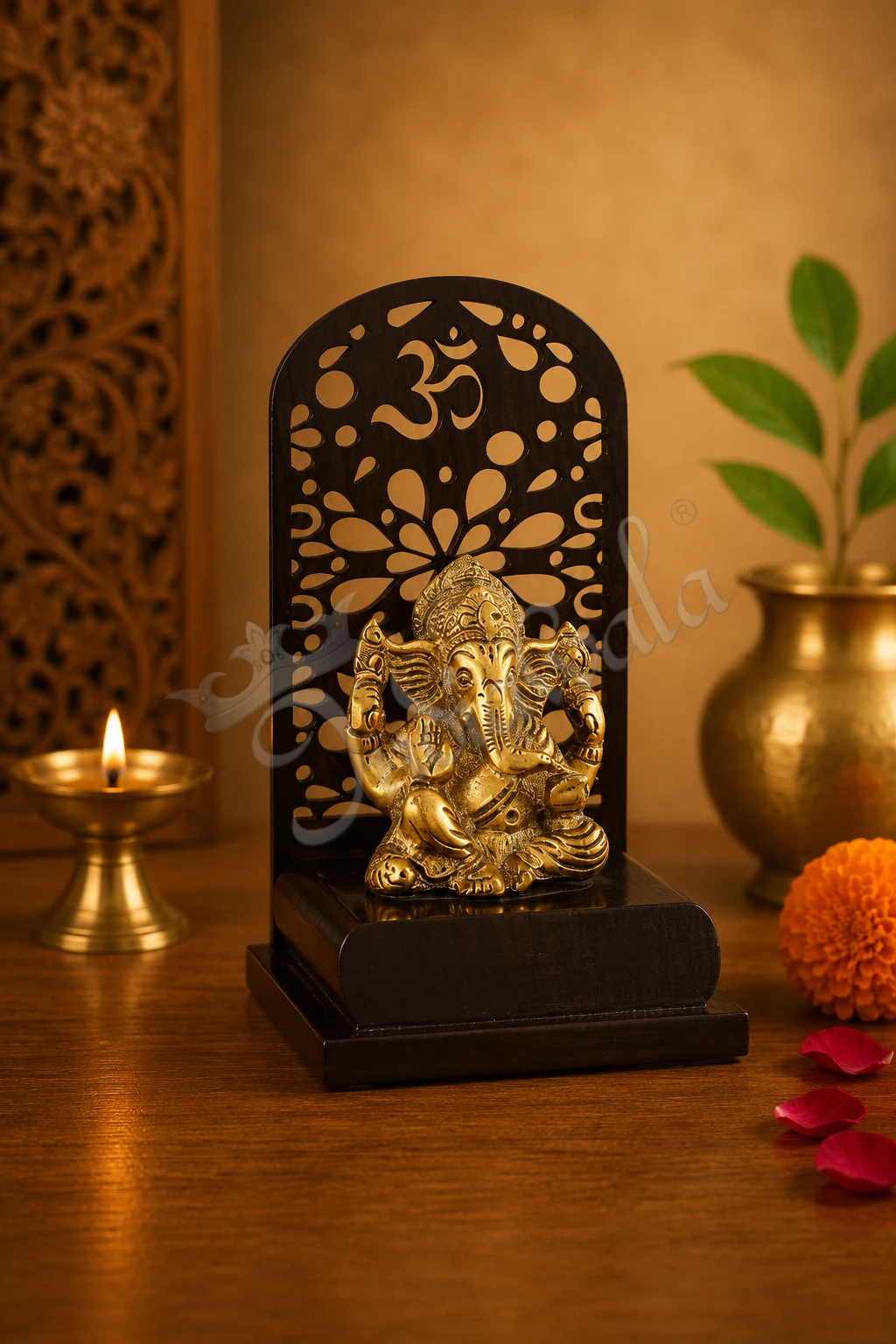 INW-15162 Laser Cut Gold Plated Ganesh Wooden Base statue for corporate gifting
