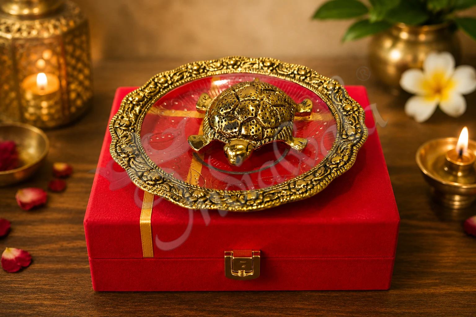 INW-15171-1 5 Inch Gold Plated Vastu Kachua in a premium velvet box