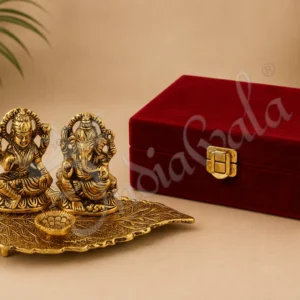 An 8 Inch Gold Plated Aluminium Lakshmi Ganesh Gift Box, featuring deities in a velvet presentation box.