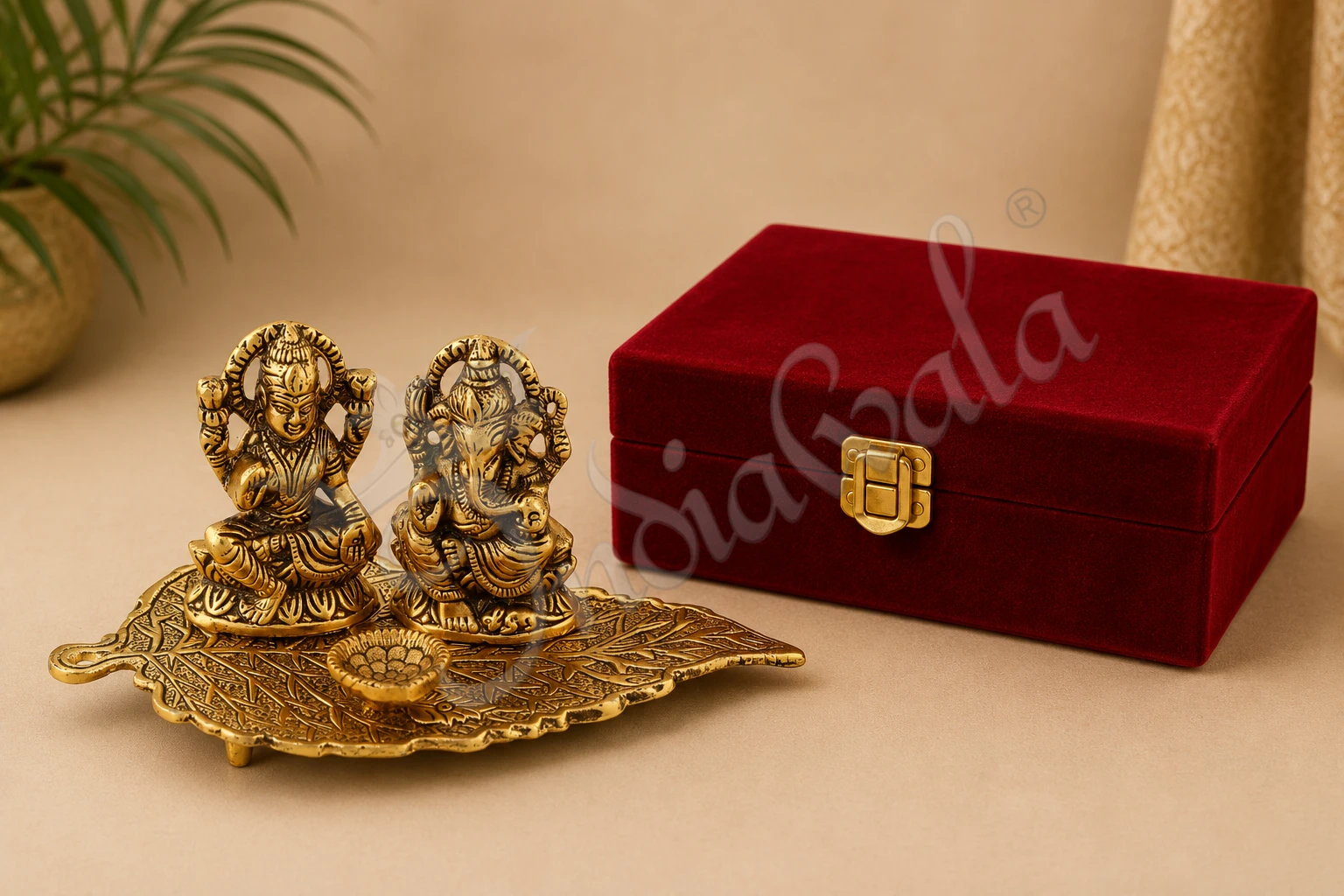 INW-15188 An 8 Inch Gold Plated Aluminium Lakshmi Ganesh Gift Box, featuring deities in a velvet presentation box.