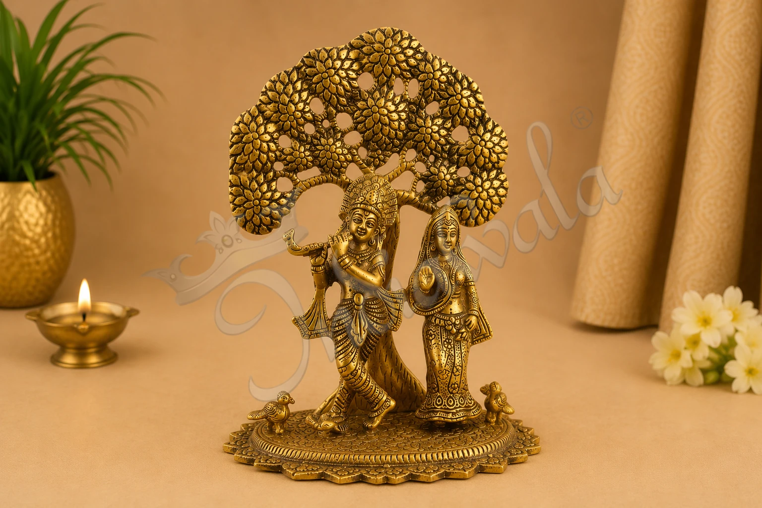 INW-15194 Aluminium Radha Krishna Tree Statue in gold plated finish