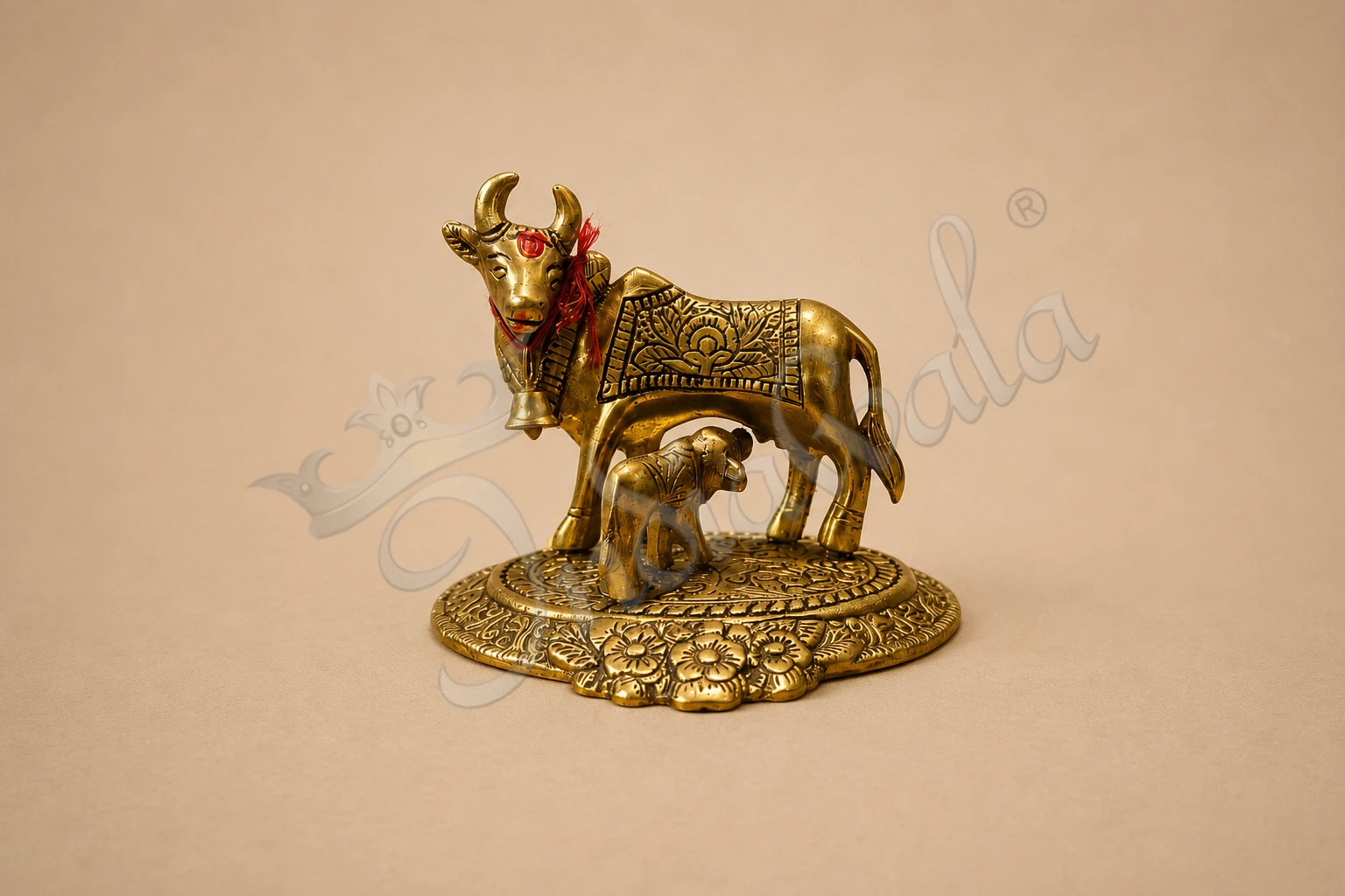 Gold Plated Aluminium Kamdhenu Cow Calf Figurine