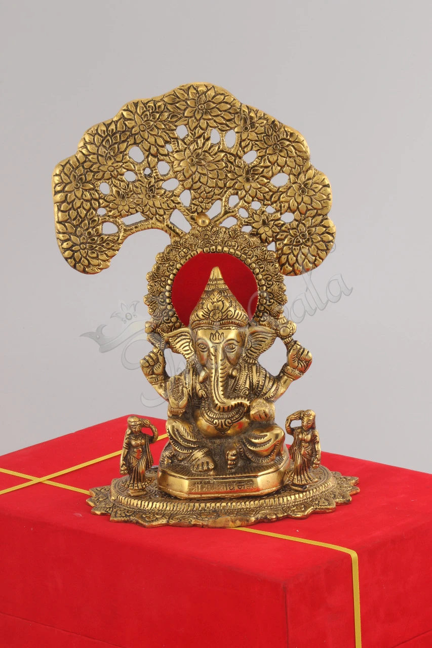 INW-15210 Gold Plated Aluminium Tree Ganesh Statue in a premium velvet box
