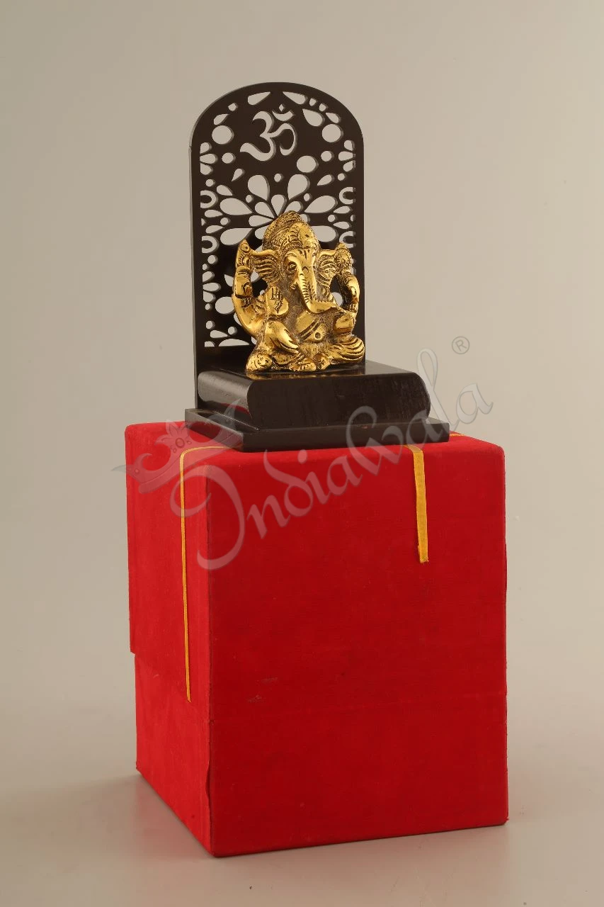 INW-15231-1 Gold Plated Laser Cut Ganesh Statue on a wooden base