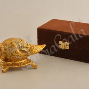A beautiful 7.5 Inch Gold Plated Aluminium Shankh with Velvet Box, perfect for gifting.