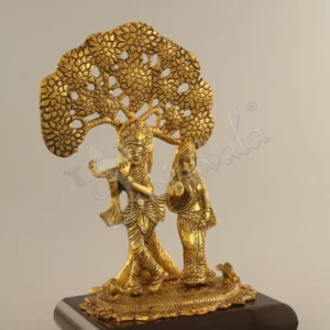 A premium gold plated Radha Krishna Wooden Base Statue for spiritual home decor
