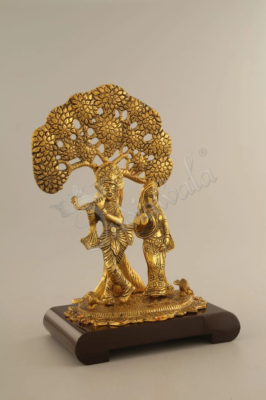 INW-15260 A premium gold plated Radha Krishna Wooden Base Statue for spiritual home decor