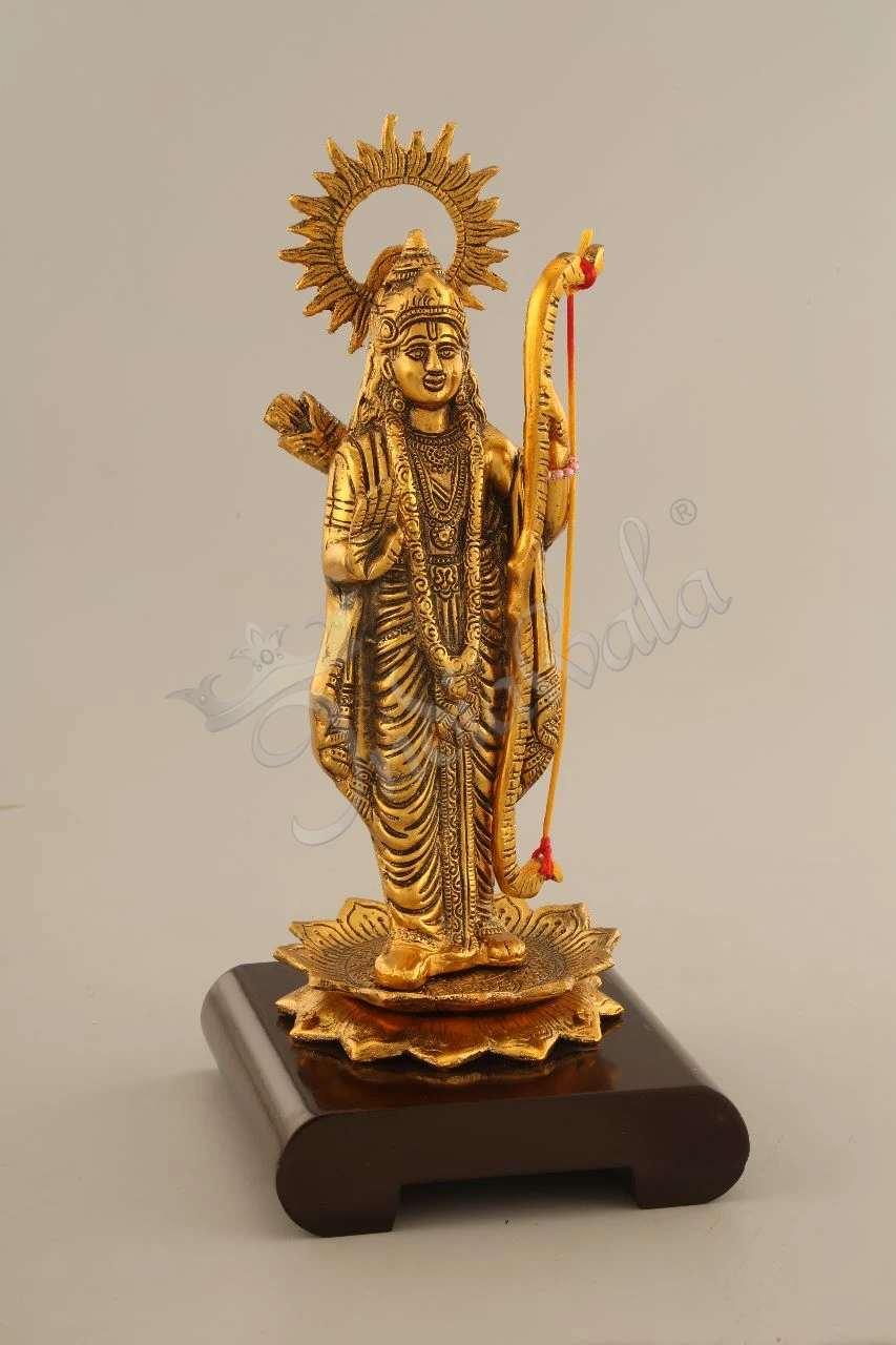 INW-15264 14 Inch Gold Plated Ram Ji Wooden Base Statue