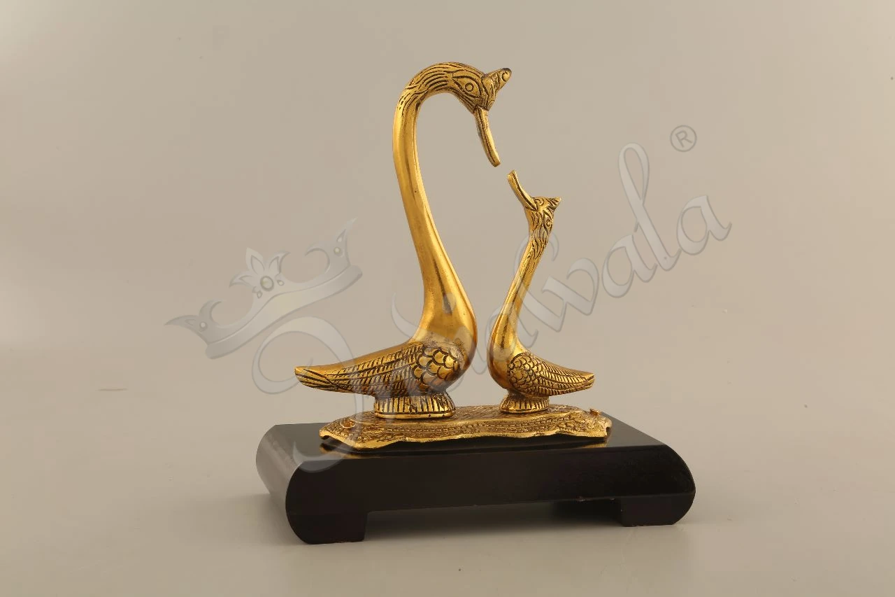 10 Inch Gold Plated Swan Statue on a polished wooden base