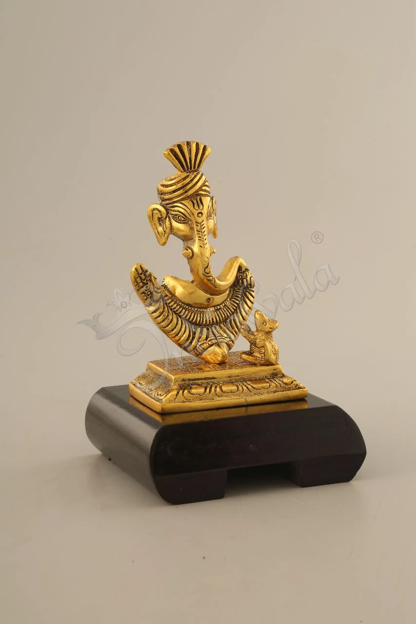 INW-15266 7.5 Inch Gold Plated Ganesh Ji Wooden Base spiritual idol for gifting